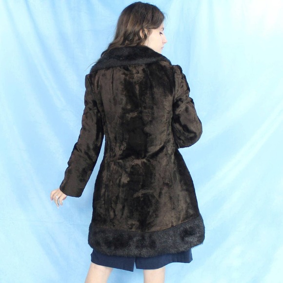 Vintage 70s Faux Fur Coat Groovy Black and Brown Fuzzy Jacket - Picture 5 of 8